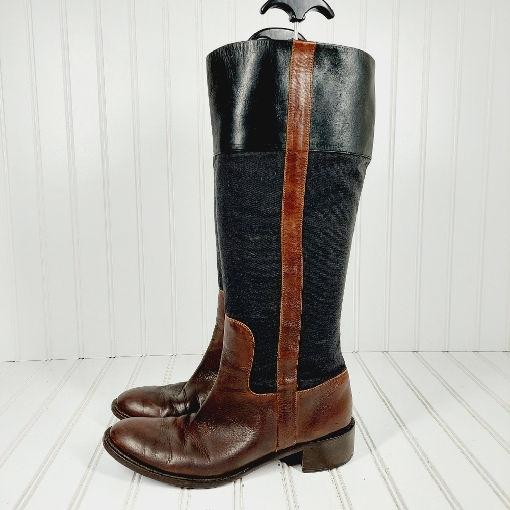 Animale Black Brown Leather Tall Slip On Small Block Heel Winter Boots D1040